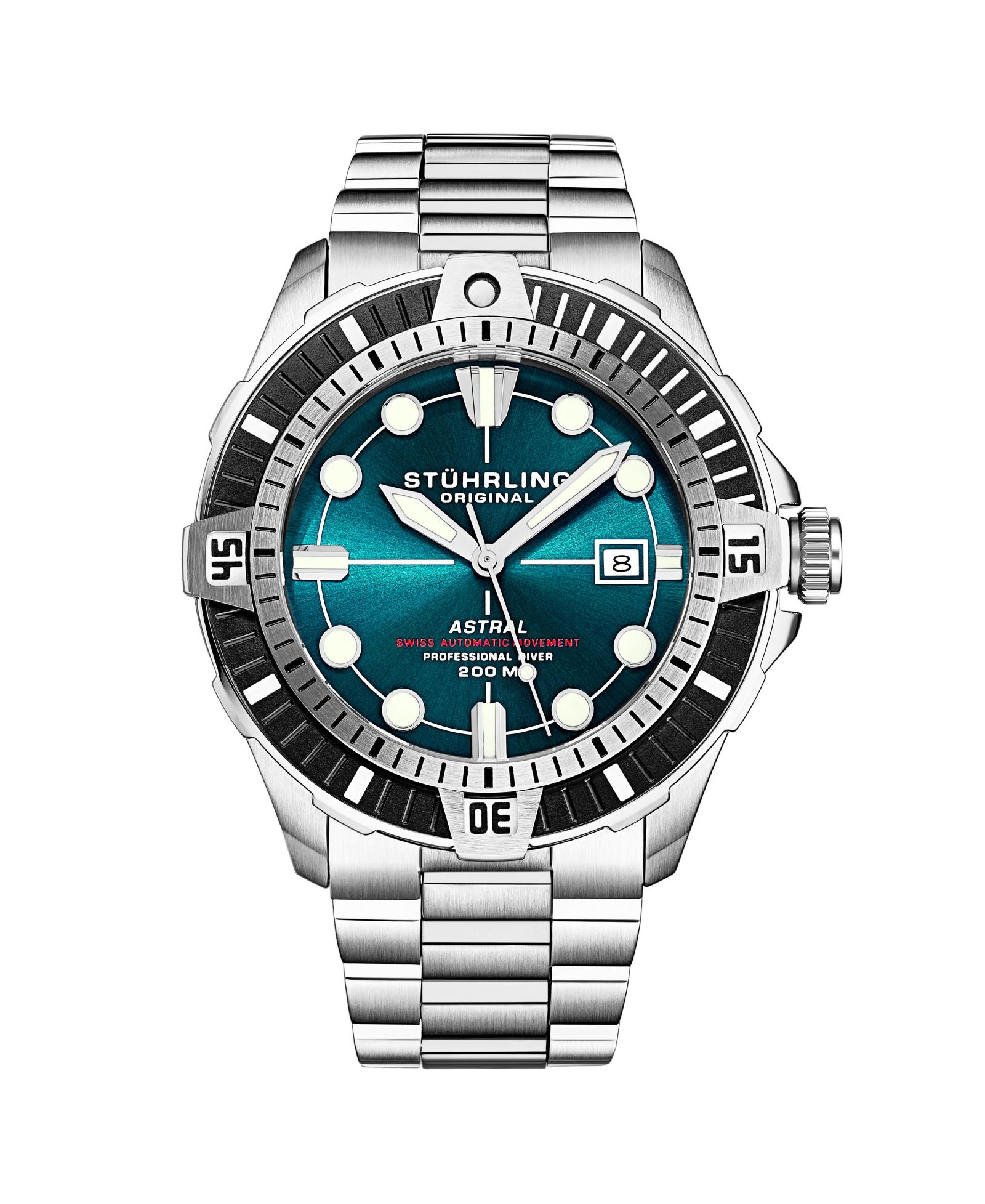 Stuhrling Мужские часы Astral Diver 44mm, стальной браслет, водонепроницаемость 200M