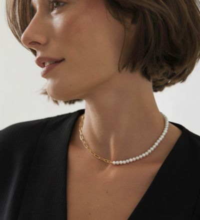 Joey Baby Half Pearl Half Paperclip Chain Choker, 6-7 mm Freshwater Pearls with Gold Stainless Steel