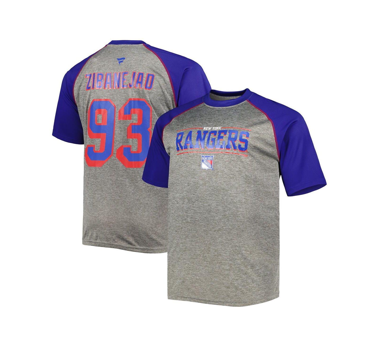 Мужская футболка Fanatics Mika Zibanejad Heather Gray, Blue New York Rangers Big and Tall Contrast Raglan Name and Number
