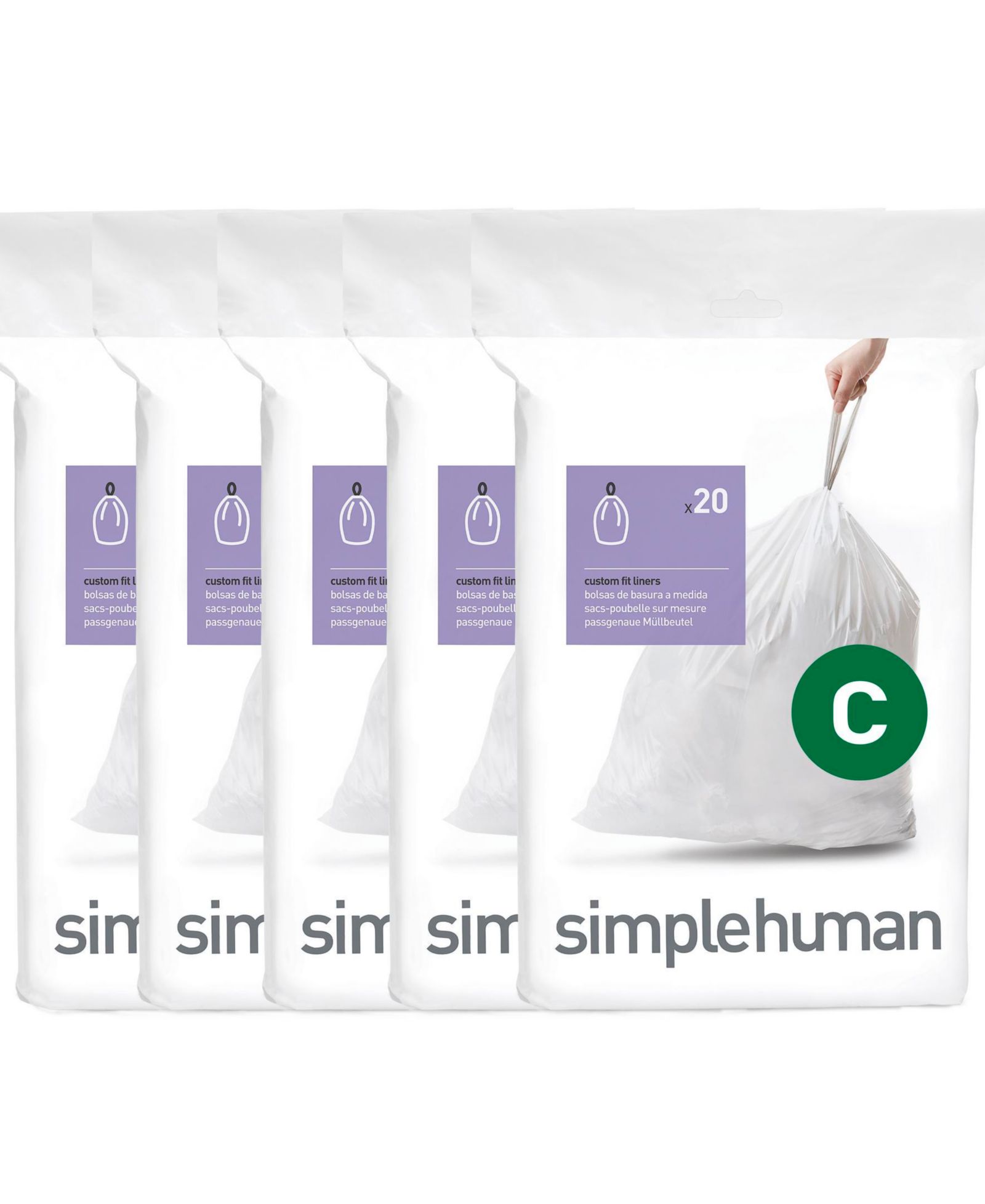 Simplehuman Code C 100pk Custom Fit Liners with 5 Quick Dispense Packs, 10-12L Bathroom Trash Bag Liners