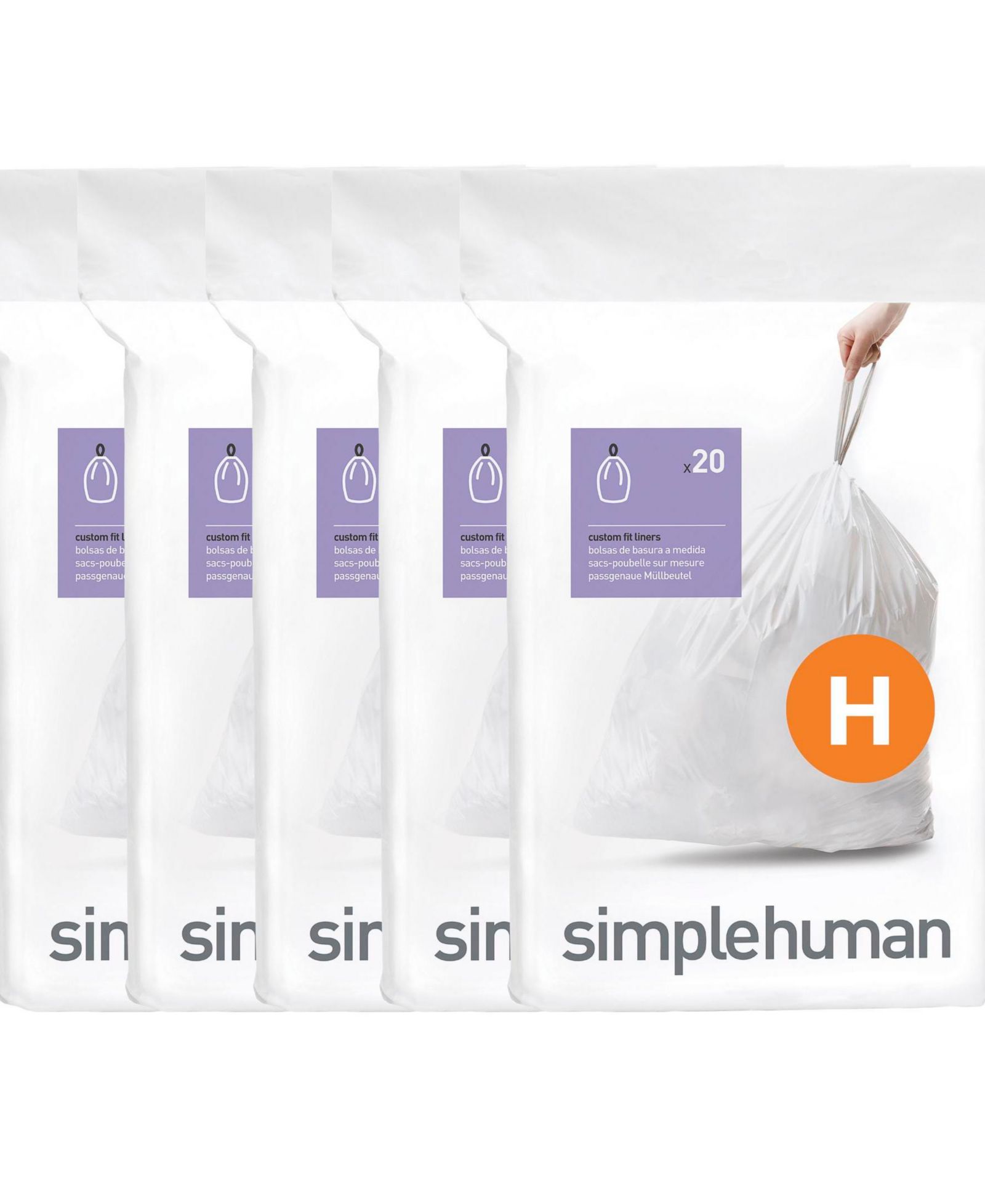 Simplehuman Code H 100pk Custom Fit Liners with 5 Quick Dispense Packs, 30-35L Kitchen Trash Bag Liners