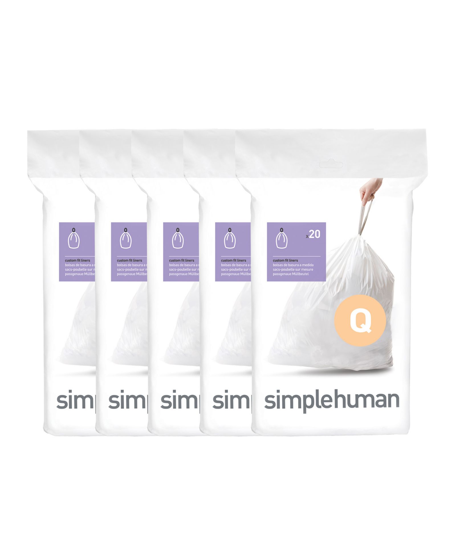 Simplehuman Code Q 100pk Custom Fit Liners with 5 Quick Dispense Packs, 50-65L Kitchen Trash Bag Liners