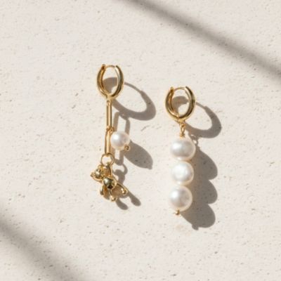 Joey Baby Mismatched Freshwater Pearl Earrings with Gold Teddy Bear Charm
