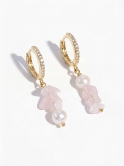 Joey Baby Rose Quartz and Baroque Freshwater Pearl Mismatched Huggie Drop Earrings, Hypoallergenic