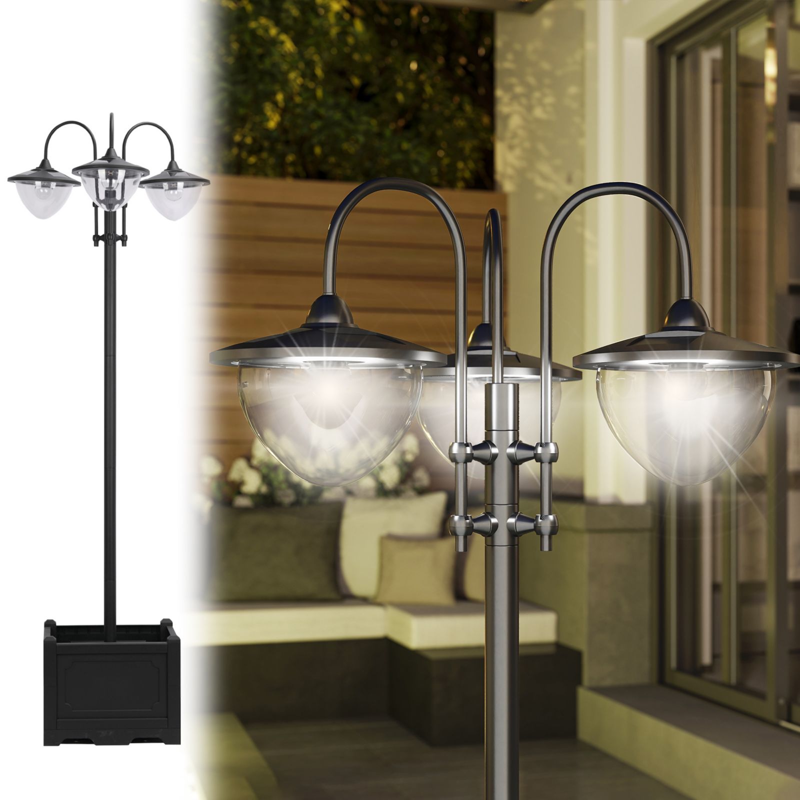 Outsunny 3-head Solar Lamp Post with Planter, Outdoor LED Lighting,