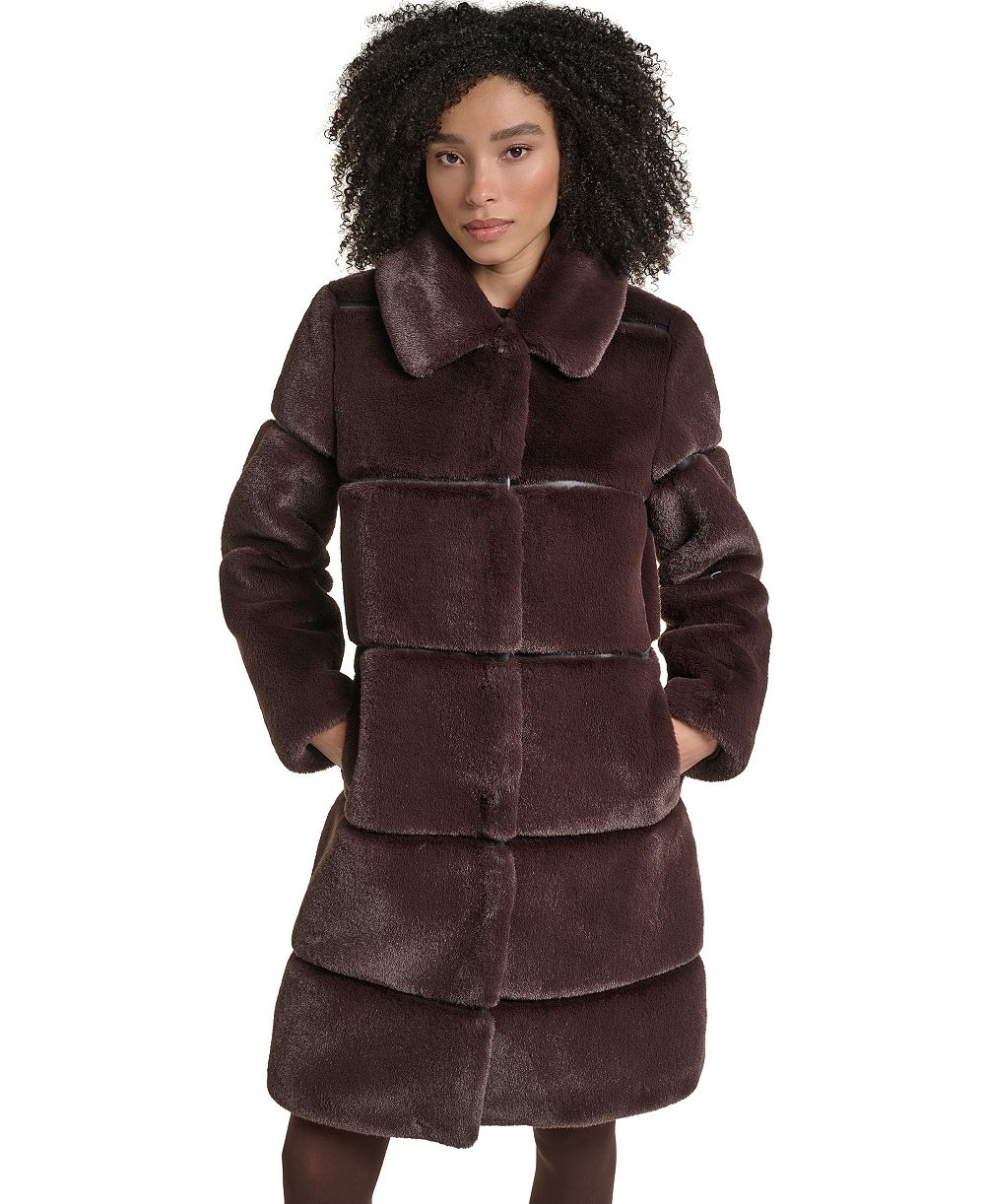 KARL LAGERFELD PARIS Women's Faux-Leather Trim Faux-Fur Coat