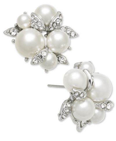 Серьги-пусеты Charter Club Silver-Tone Pavé & Imitation Pearl Cluster