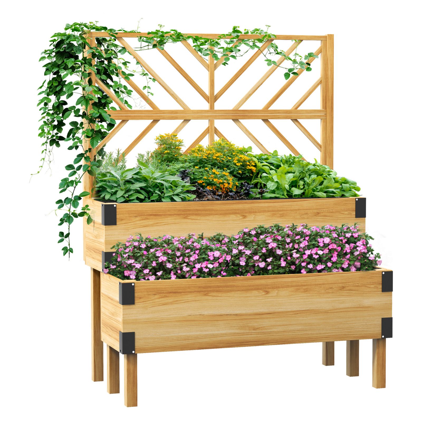 Кашпо Outsunny 2 Tier Trellis Planter Wooden Raised Garden Bed Natural