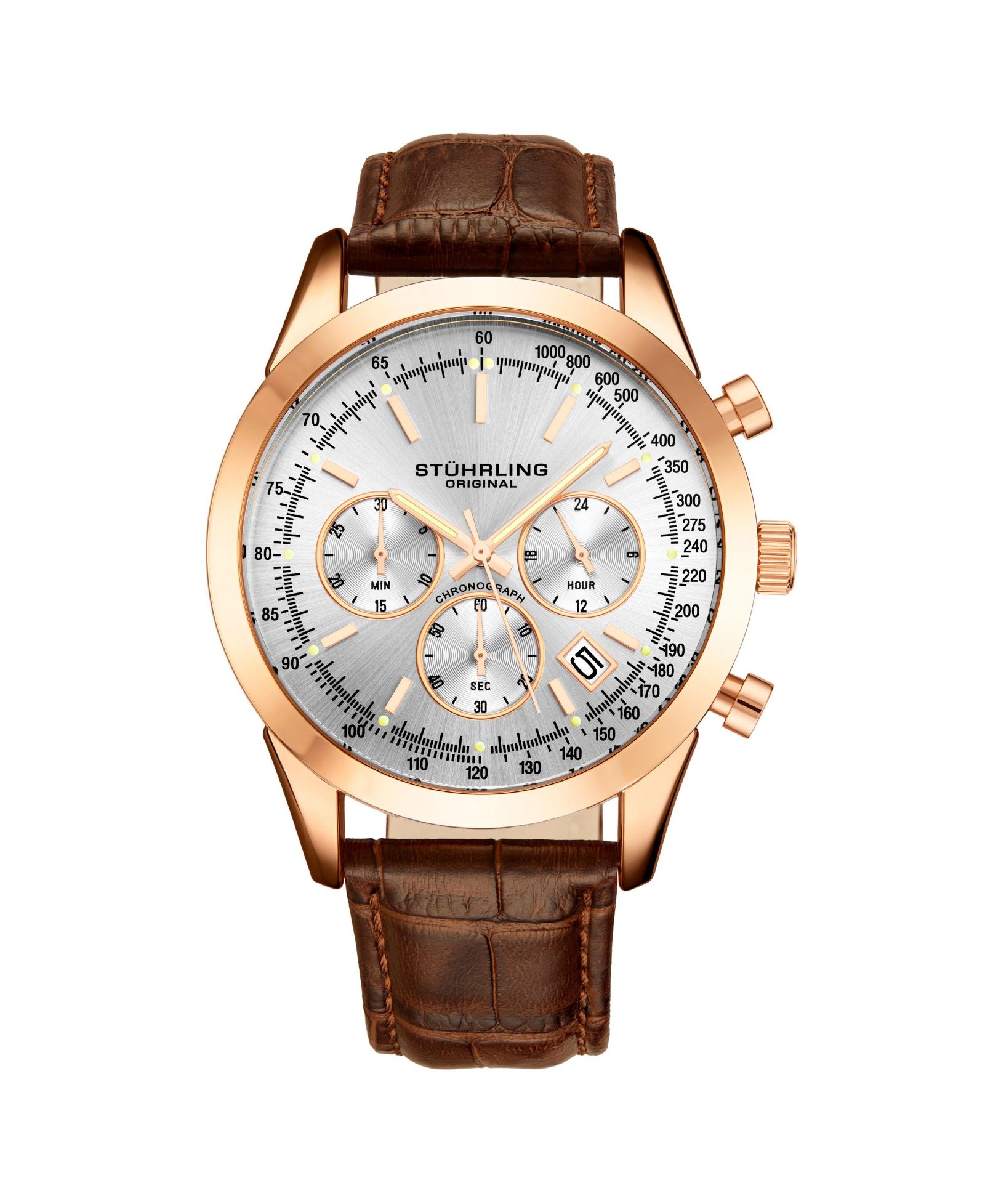 Stuhrling Rialto 3975L Men s Chronograph Watch – Quartz Movement, 44mm Stainless Steel Case, Leather Strap