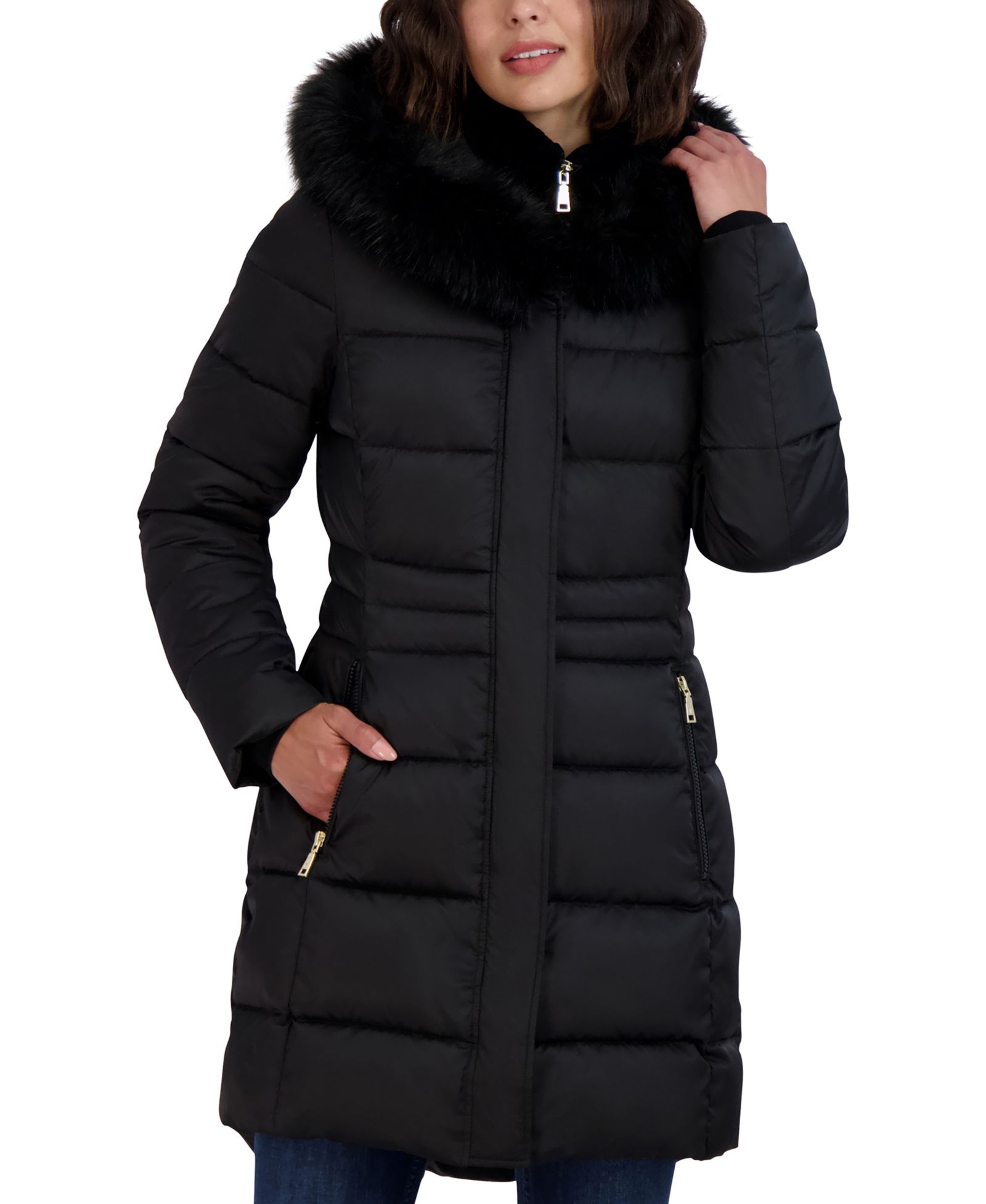 Tahari Женский пуховик с меховым капюшоном Velvet Bibbed Faux-Fur