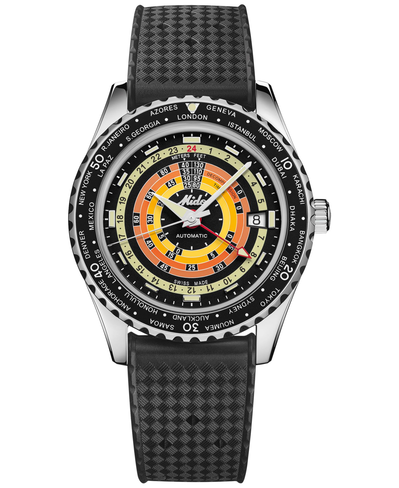 Мужские часы Mido Unisex Swiss Automatic Ocean Star Decompression Worldtimer Black Rubber Strap 41mm