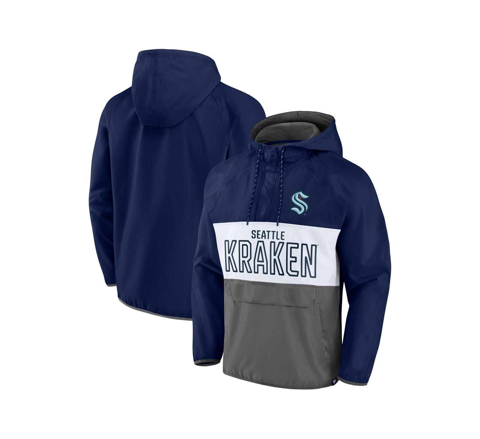 Men's Fanatics Deep Sea Blue, Gray Seattle Kraken Backhand Shooter Defender Anorak Raglan Hoodie Quarter-Zip Jacket