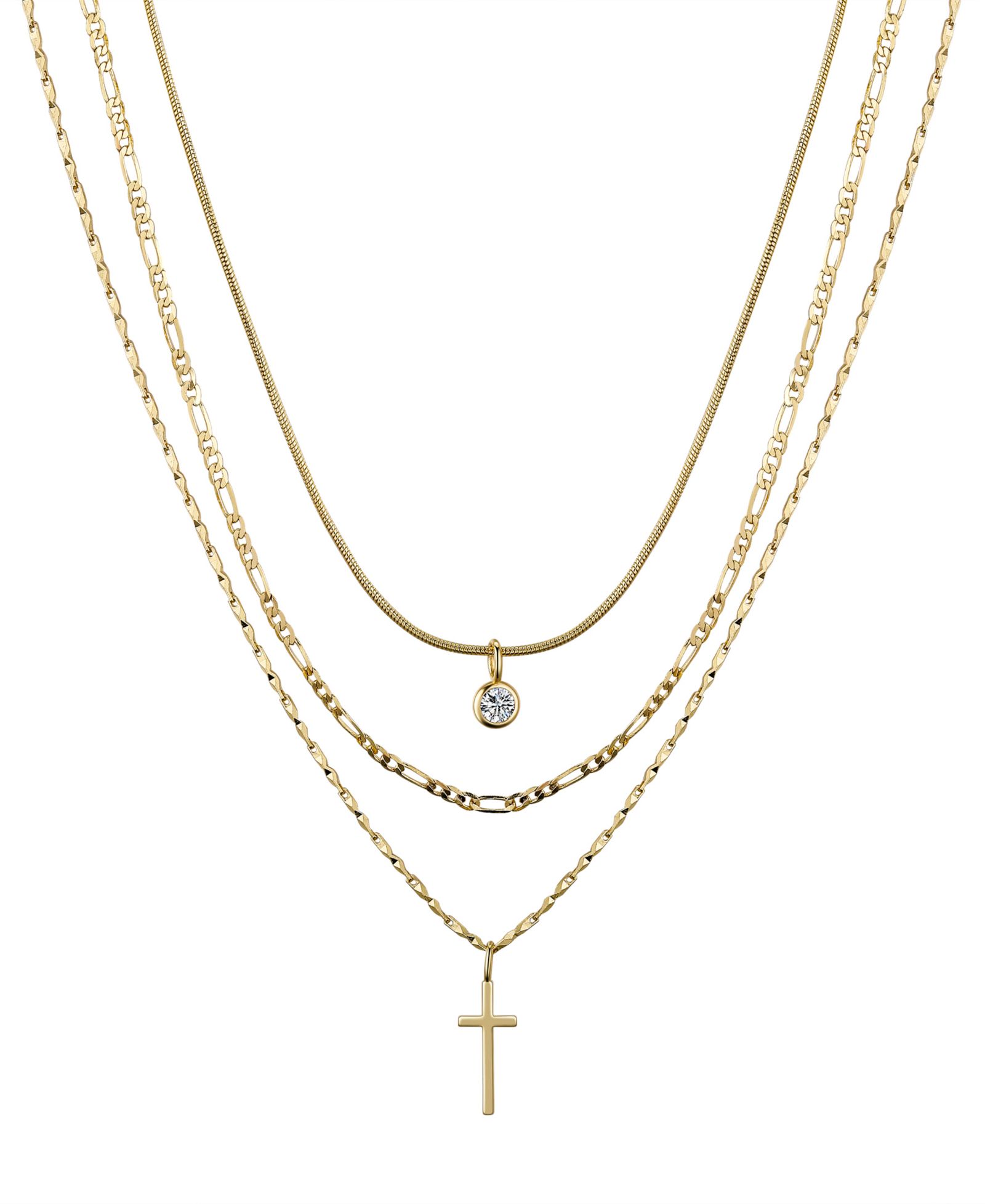 Unwritten Cubic Zirconia Bezel and 14K Gold Plated Cross Pendant Layered Necklace Set, 3 Pieces
