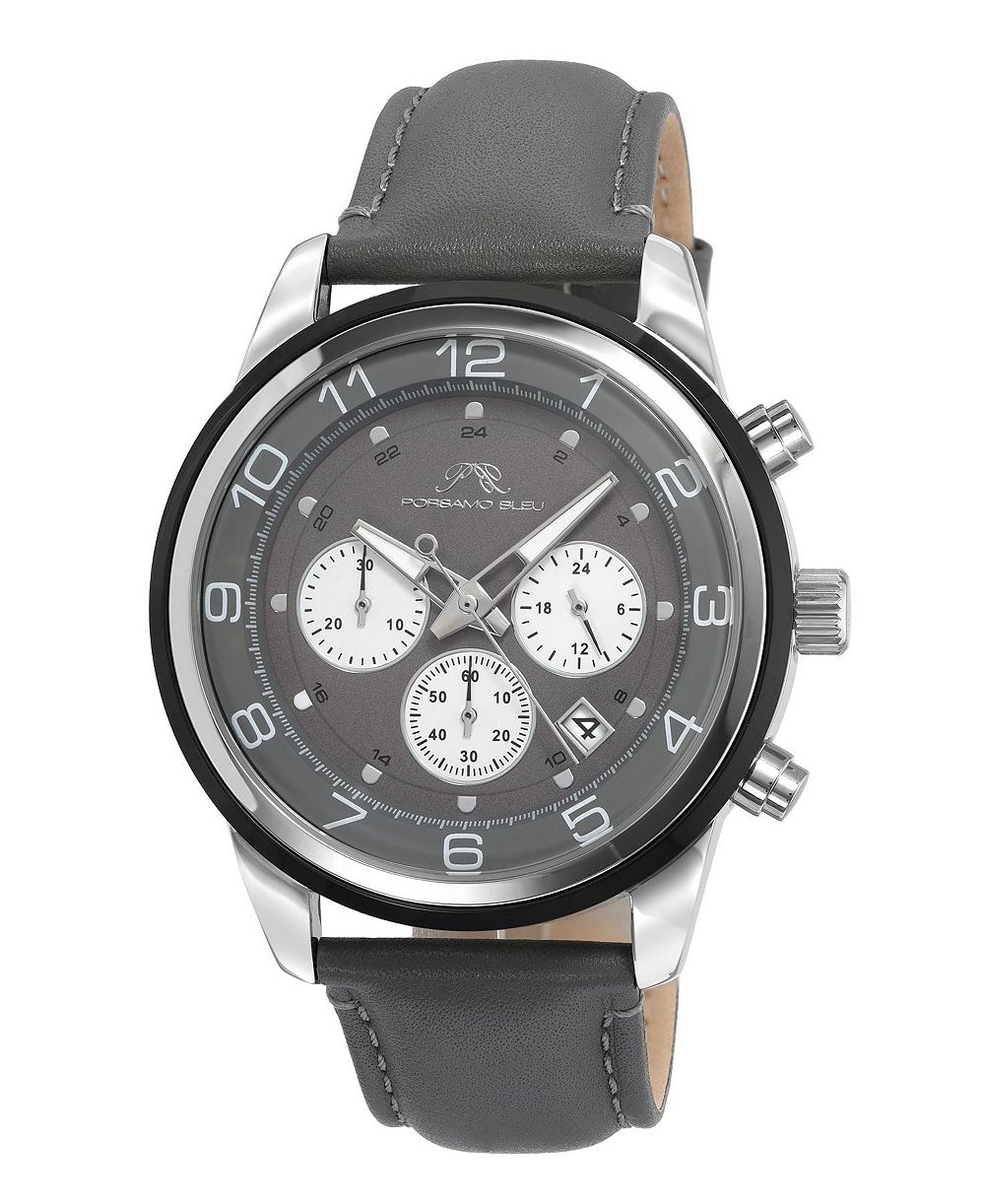 Часы Porsamo Bleu Men's Arthur Chronograph с серым кожаным ремешком 44 mm