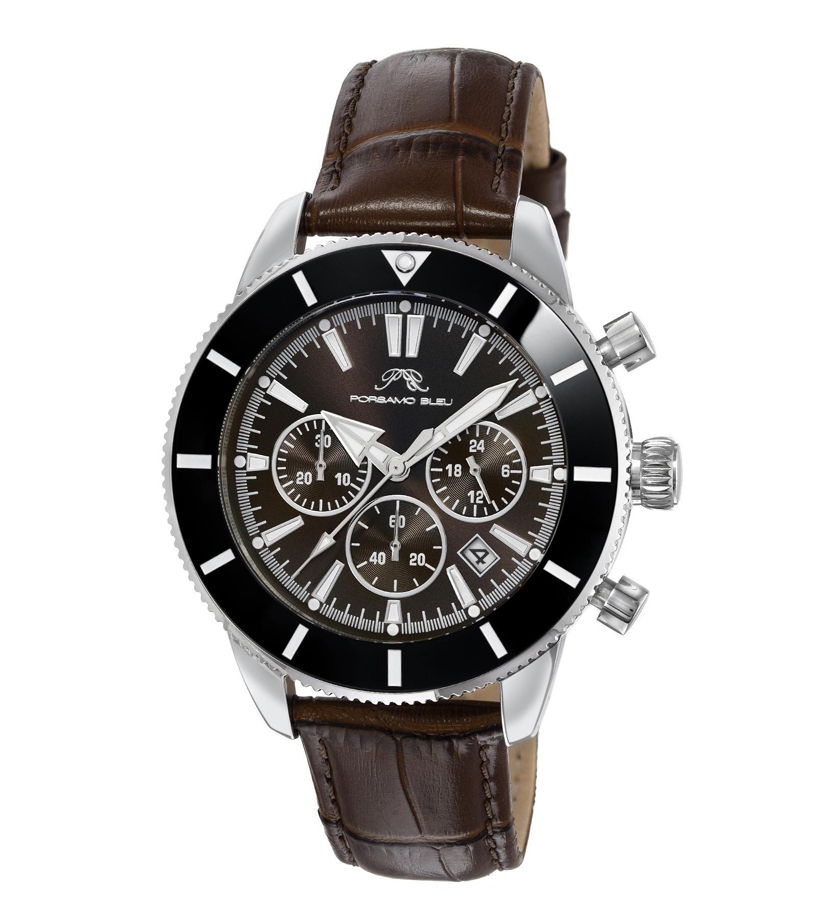 Мужские часы Porsamo Bleu Brandon Chronograph с коричневым кожаным ремешком 44 mm