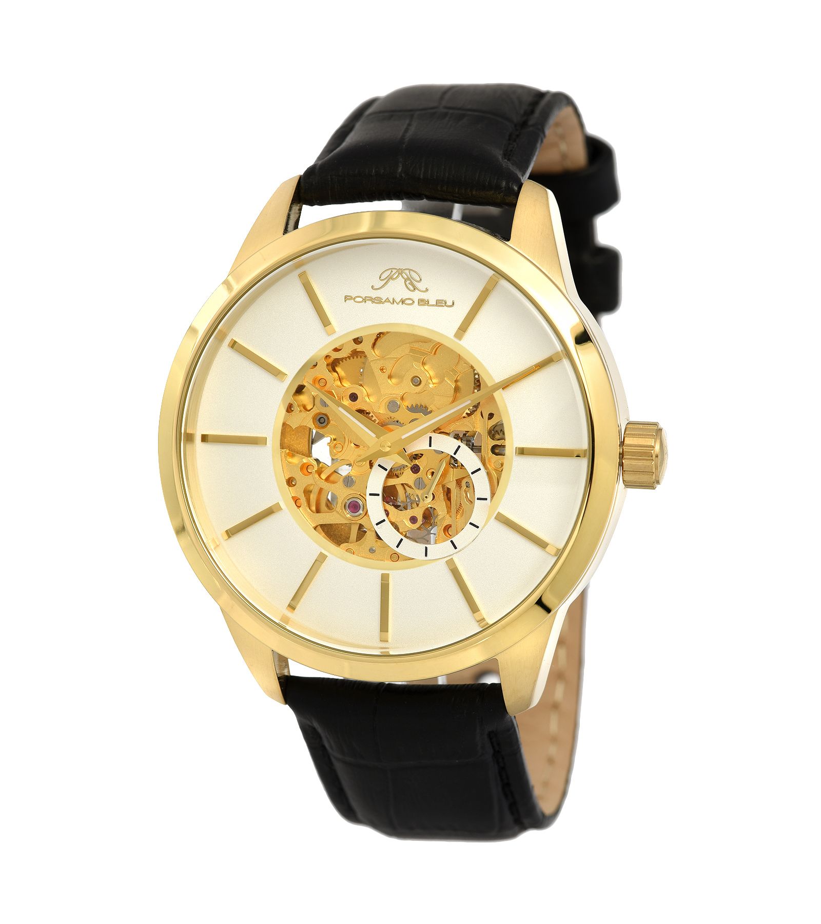 Porsamo Bleu Men's Cassius Automatic Black Genuine Leather Band Watch 45 mm