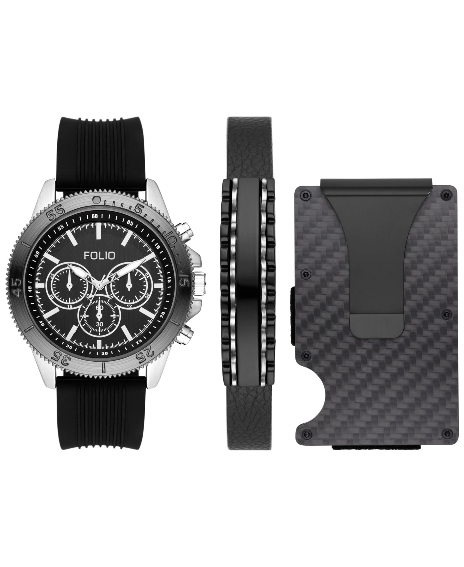 Подарочный набор Folio Men's Three Hand Silver-Tone 46mm Watch, Bracelet and Card Holder, 3 Pieces