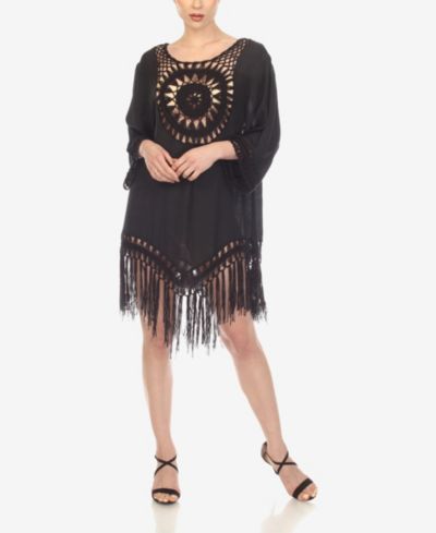 White Mark Women's Crocheted Fringed Trim 3/4 Sleeves Cover Up Dress