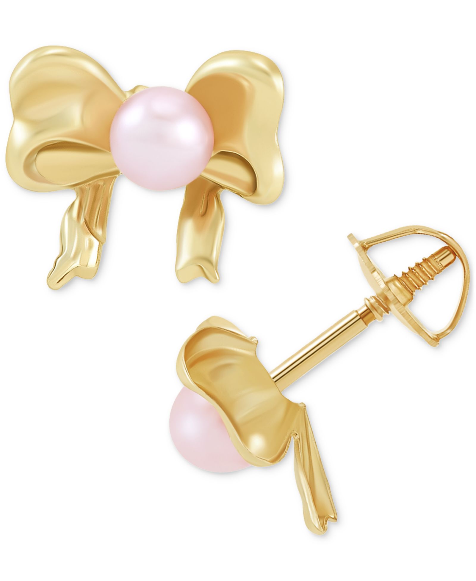 Children's Pink Cultured Freshwater Pearl (3mm) Bow Stud Earrings in 14k Gold