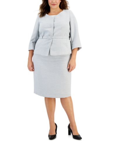 Le Suit Plus Size Metallic Tweed Belted Jacket & Pencil 2 Piece Skirt Suit