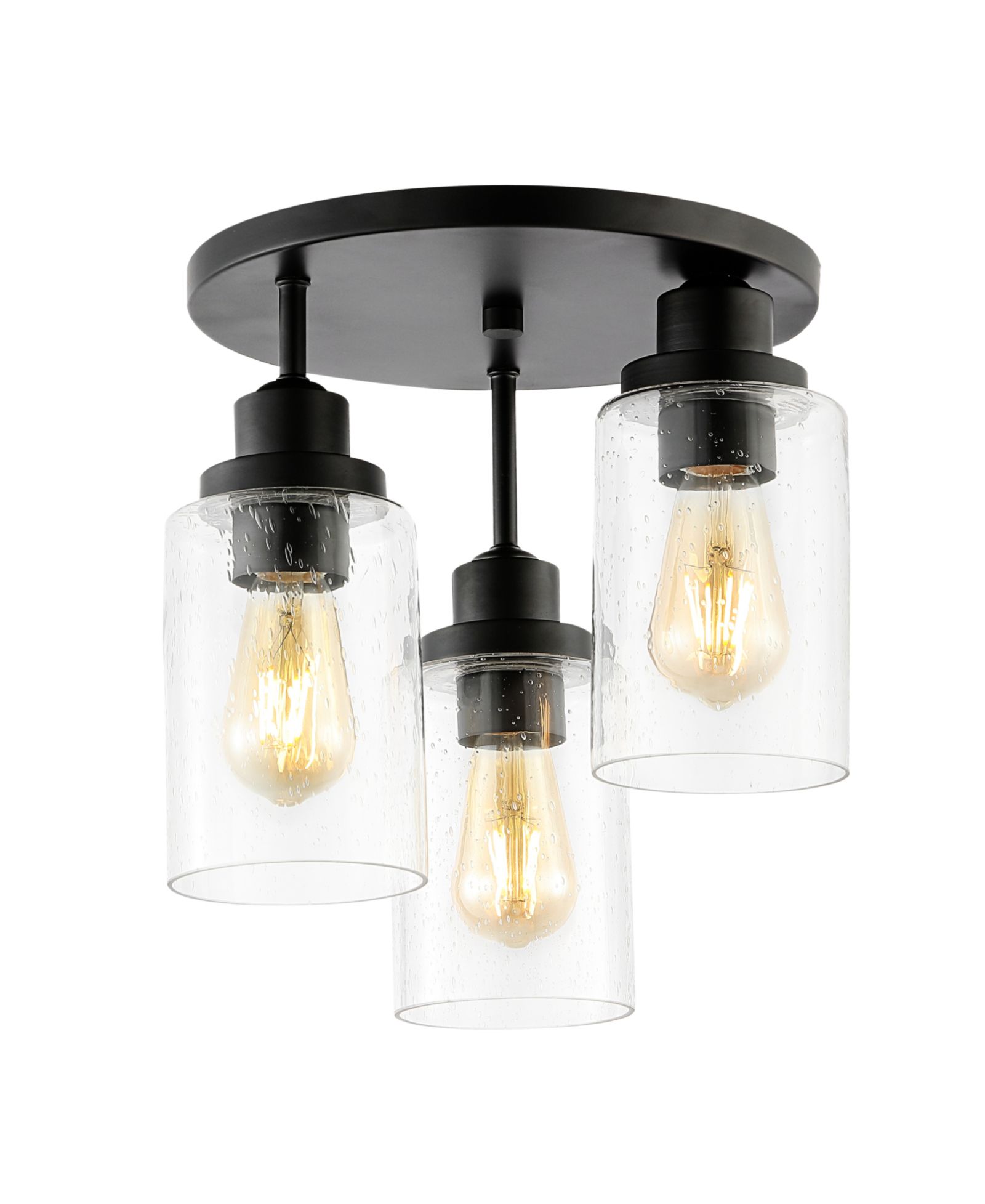 Jonah 12" 3-Light Bohemian Farmhouse Iron, Seeded Glass LED Semi Flush Mount