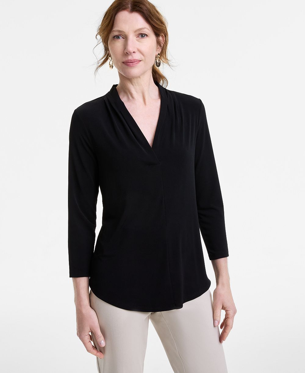 JM Collection Women's 3/4 Sleeve V-Neck Knit Top, Created for Macy's