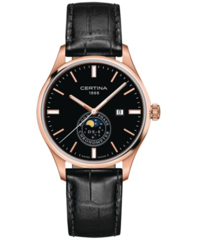 Certina Мужские швейцарские часы DS-8 Moon Phase с черным кожаным ремешком 41mm