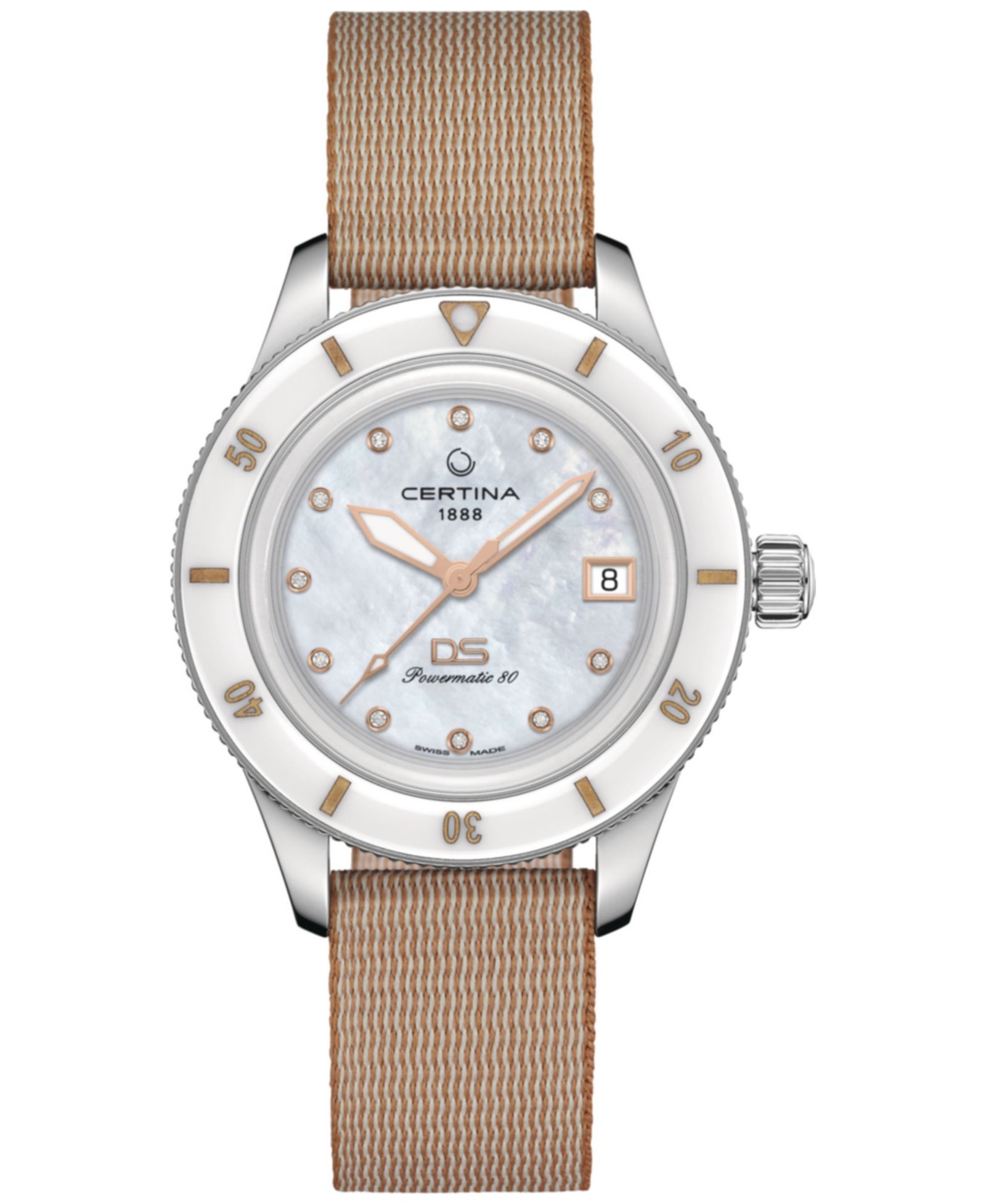 Женские часы Certina Swiss Automatic DS PH200M Diamond, Beige Synthetic Strap, 39mm