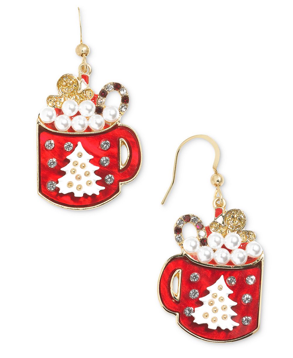 Holiday Lane Gold-Tone Pavé & Imitation Pearl Hot Chocolate Drop Earrings, Created for Macy's