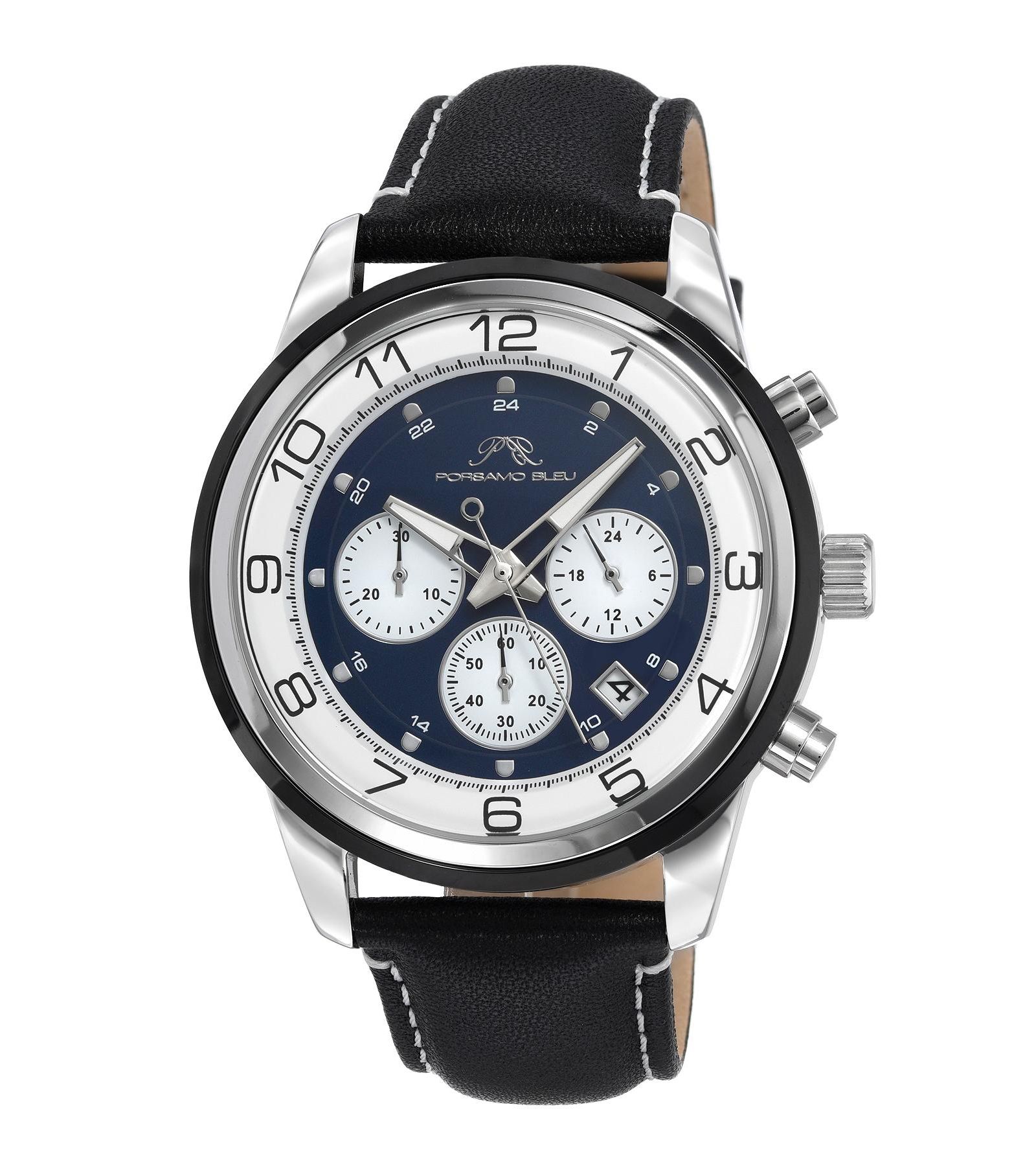 Porsamo Bleu Мужской Arthur Chronograph Black Genuine Leather Band Watch 44 mm