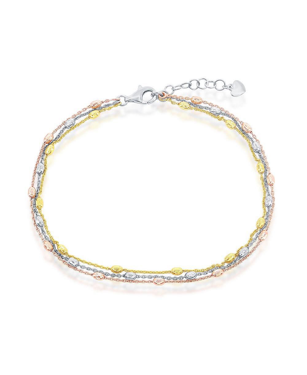 Браслет Simona Sterling Silver Triple Strand Oval Diamond-Cut Beaded Anklet - Tri Color