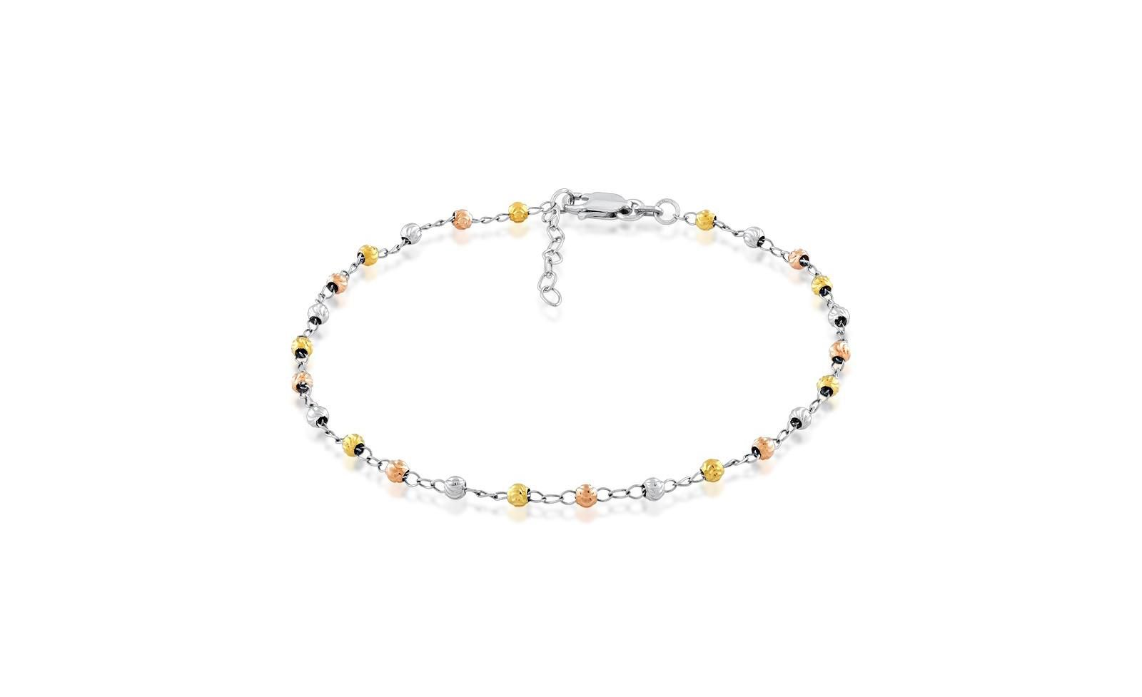 Браслет на ногу Simona Sterling Silver Diamond Cut Bead Tri Color