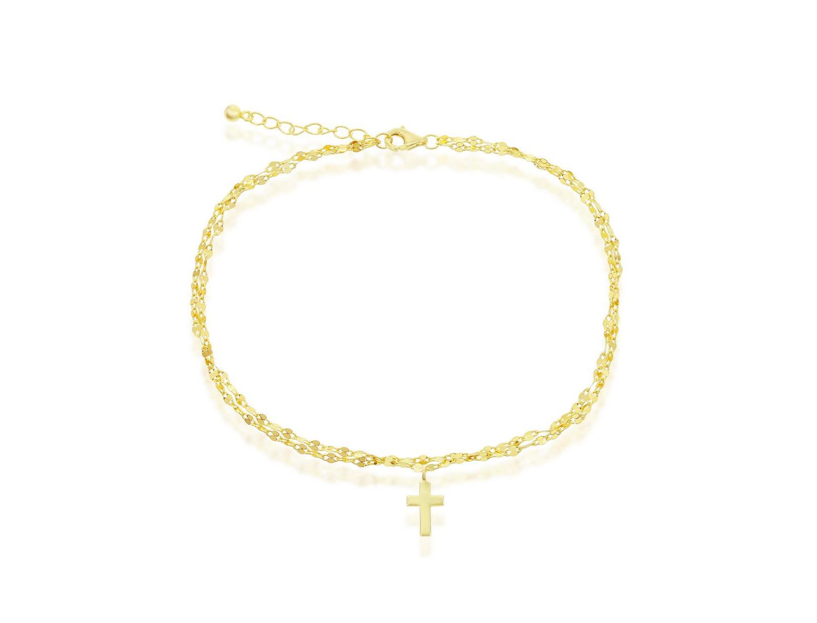 Simona Sterling Silver Double Strand Mirror Chain w/ Cross Anklet