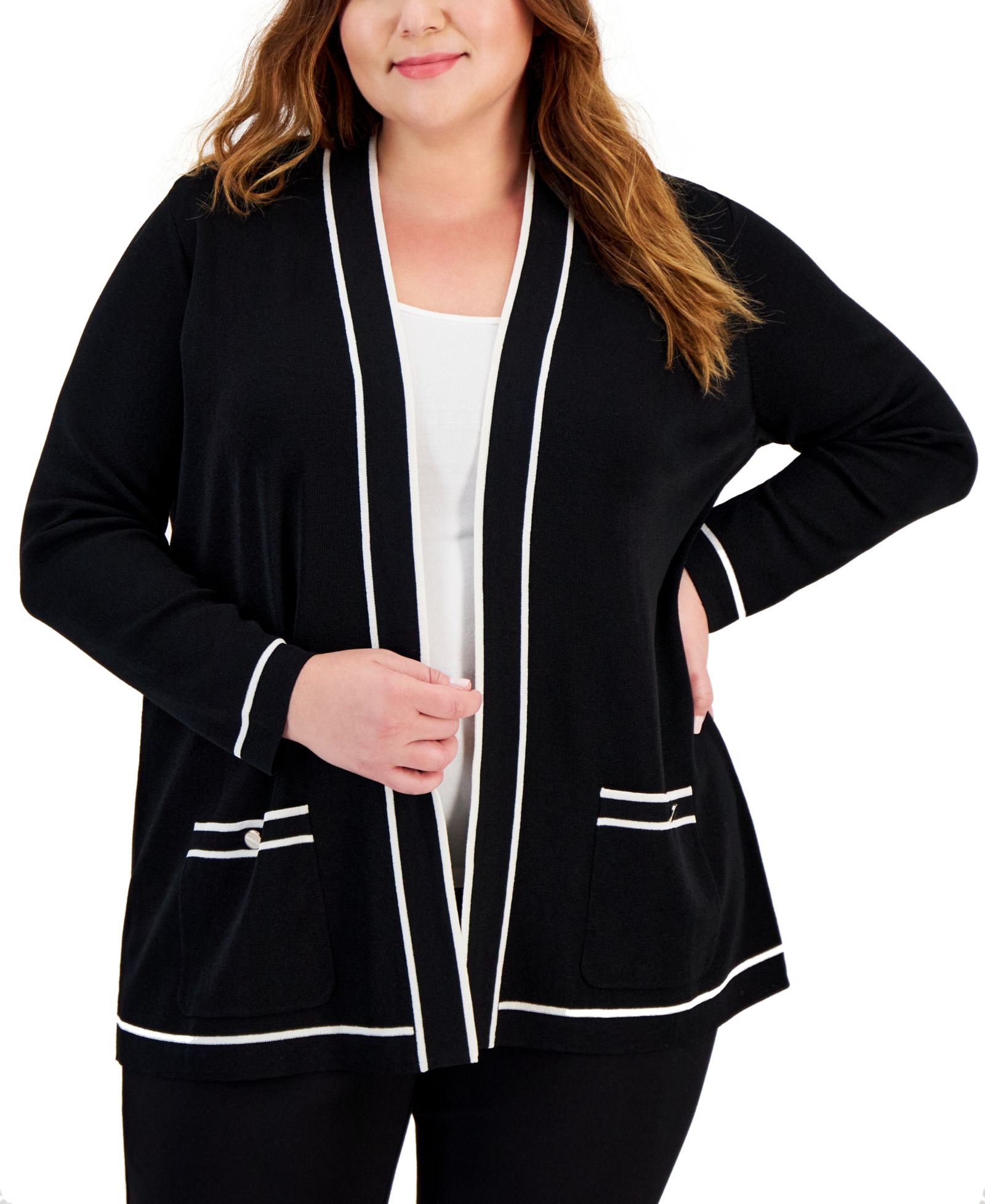 Anne Klein Plus Size Malibu Contrast-Trim Open-Front Cardigan