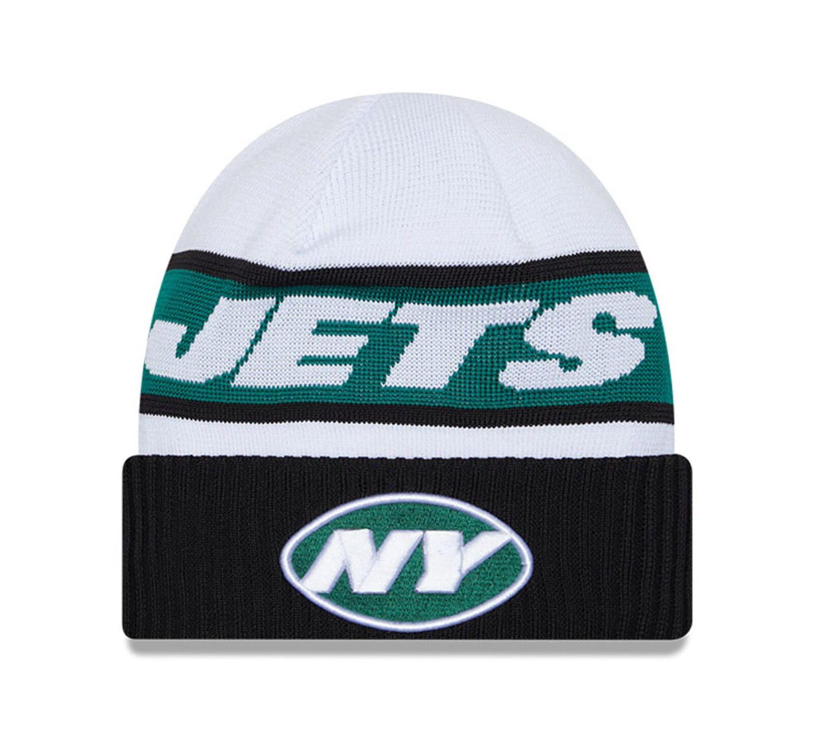 Мужская вязаная шапка New Era White Black New York Jets 2023 Sideline Tech Cuffed