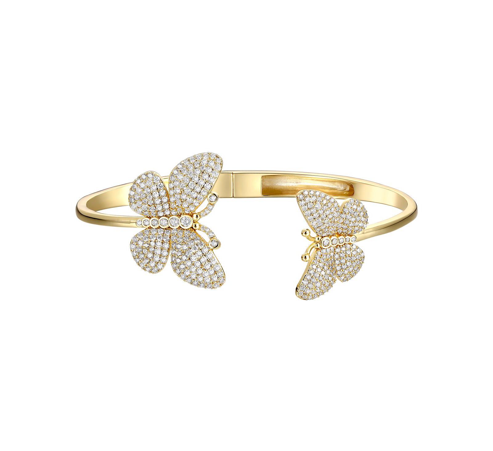 Rachel Glauber Charming 14K Gold Plated CZ Pave Butterfly Open Cuff Bangle