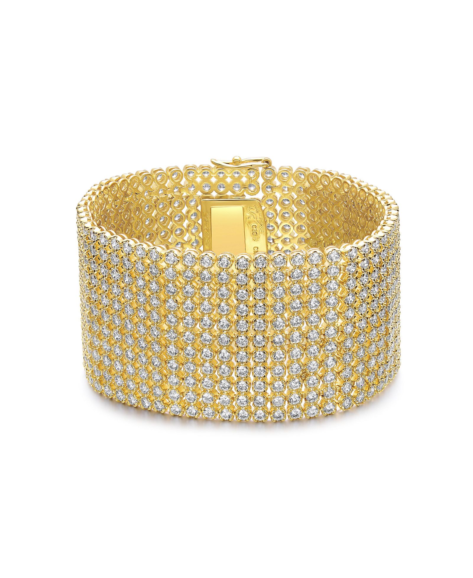 Rachel Glauber Широкий браслет Mesh Link с CZ, позолоченная 14k золотом