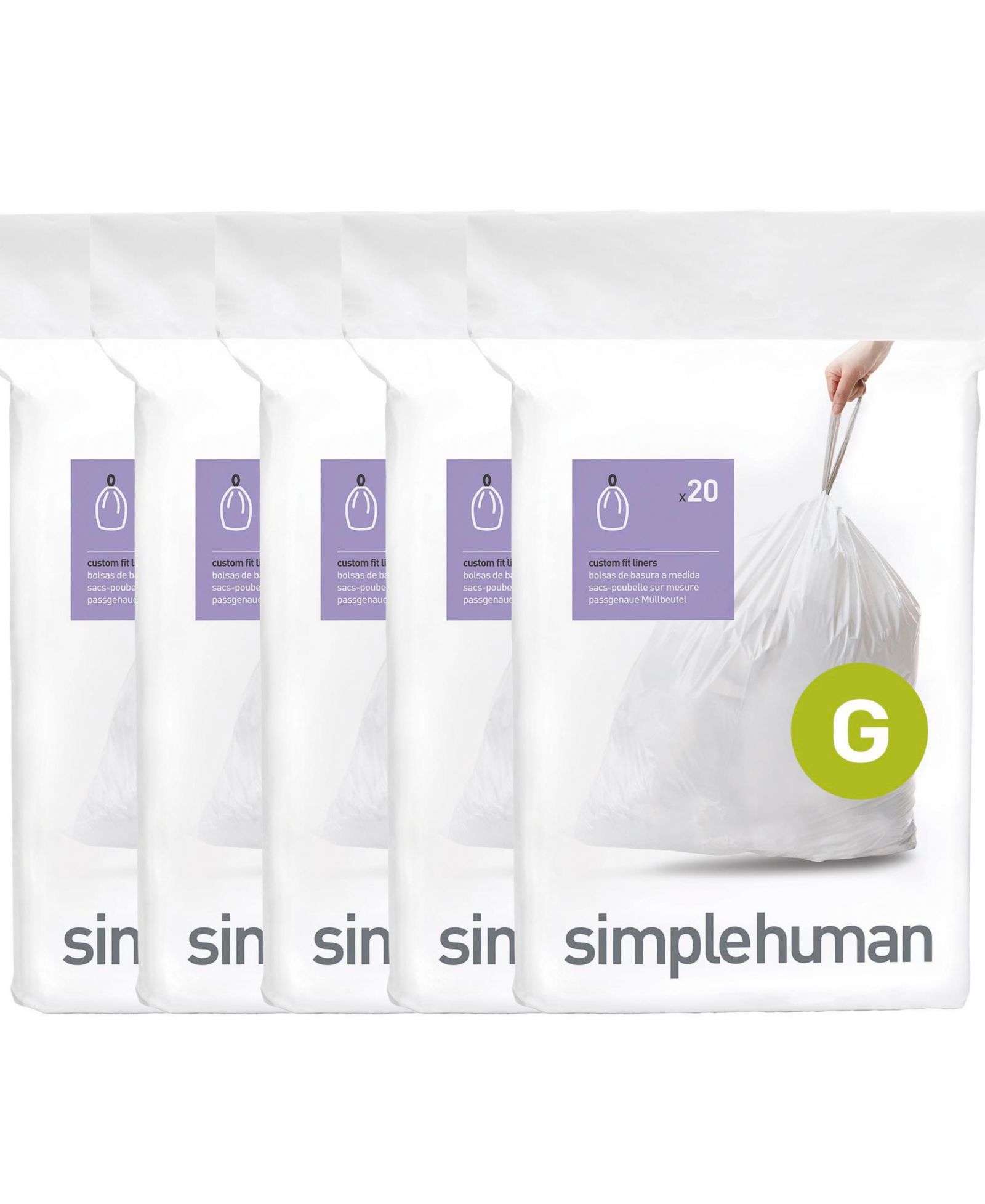 Simplehuman Code G 100pk Custom Fit Liners with 5 Quick Dispense Packs, 30L Kitchen Trash Bag Liners