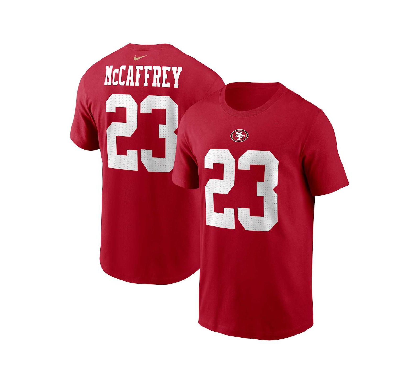 Men's Nike Christian McCaffrey Scarlet San Francisco 49ers Player Name and Number T-shirt