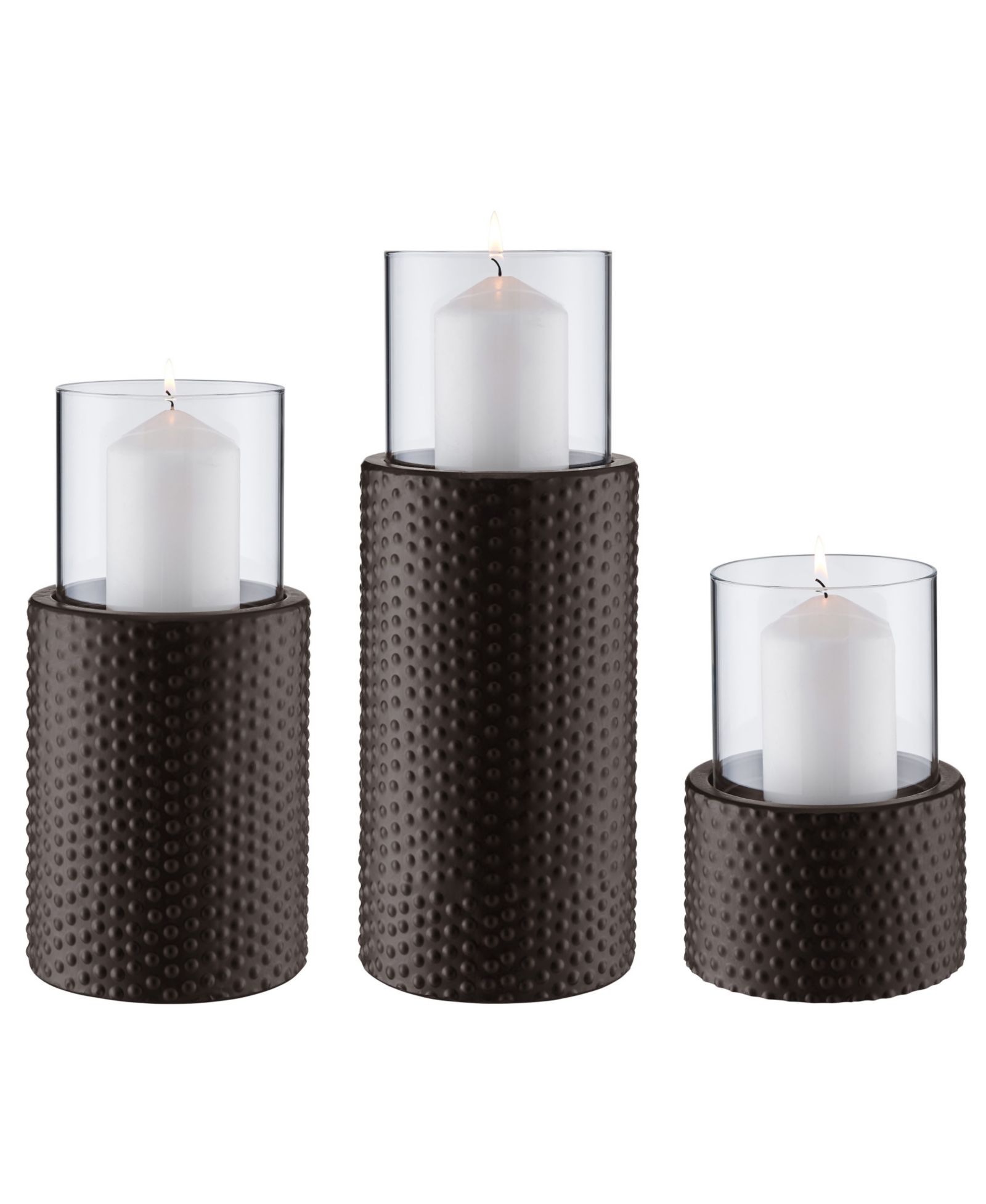Danya B Contemporary Candle Holder Set - 3 With Clear Glass Hurricanes And Textured Metal Base