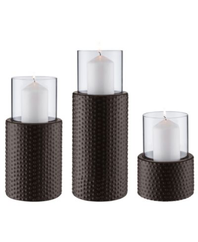 Danya B Contemporary Candle Holder Set - 3 With Clear Glass Hurricanes And Textured Metal Base
