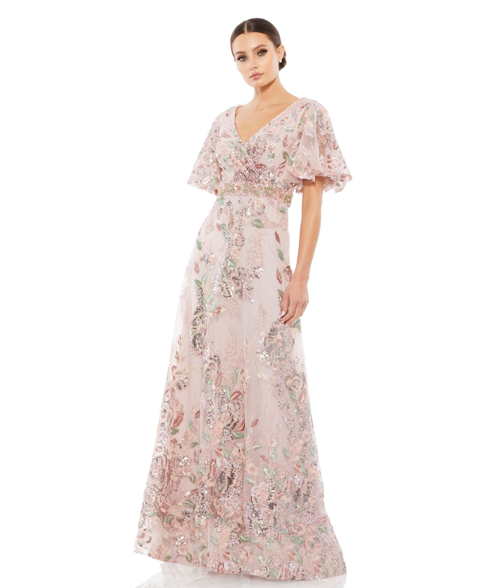 Mac Duggal Women's Floral Embellished Short Sleeve Gown