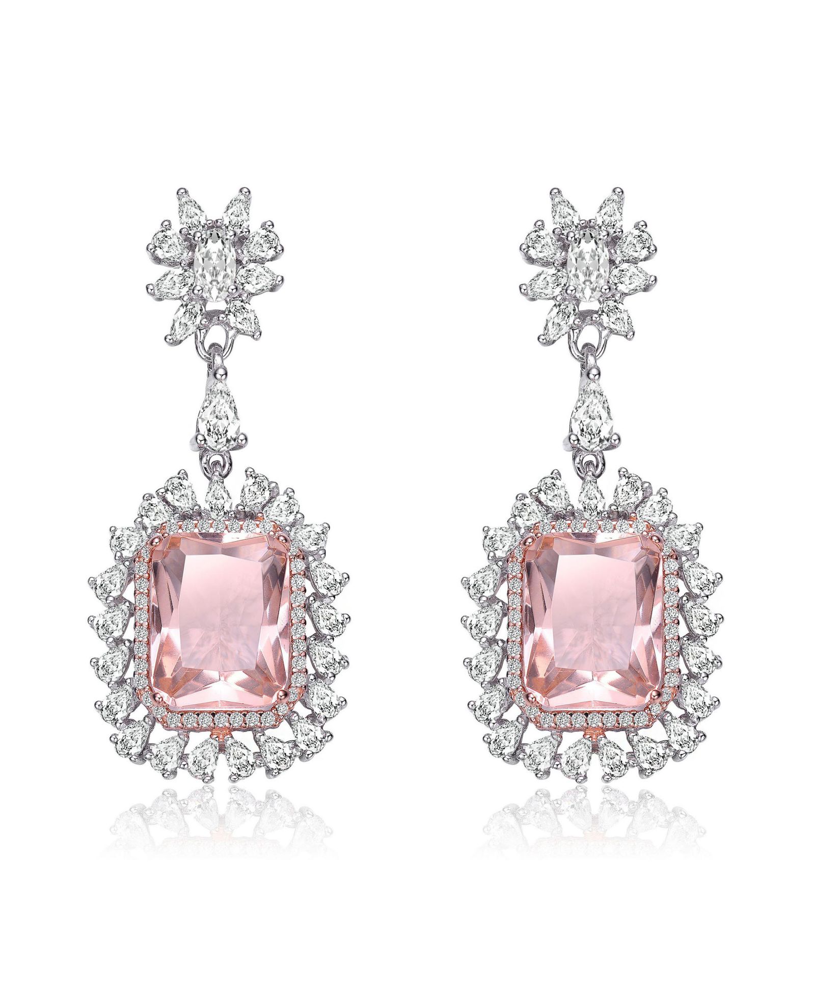 Genevive White Gold Plated Pink & Clear CZ Halo Drop Statement Earrings