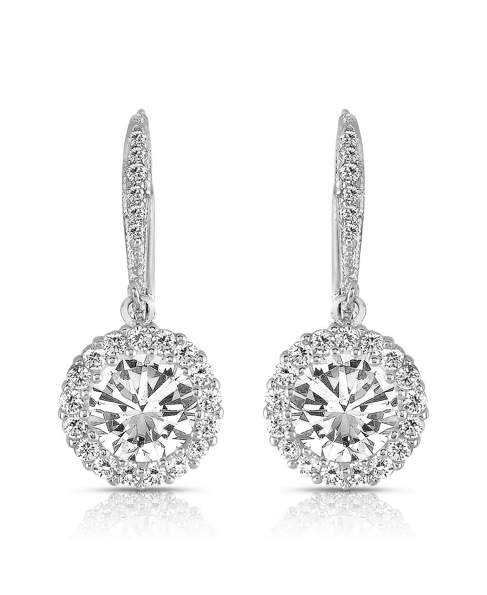 Серьги-подвески Genevive Brilliant Sterling Silver Round CZ Haloed Solitaire