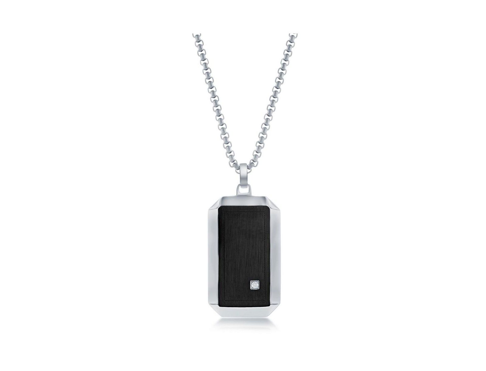 Men's Stainless Steel Black & Silver Single CZ Dog Tag Necklace