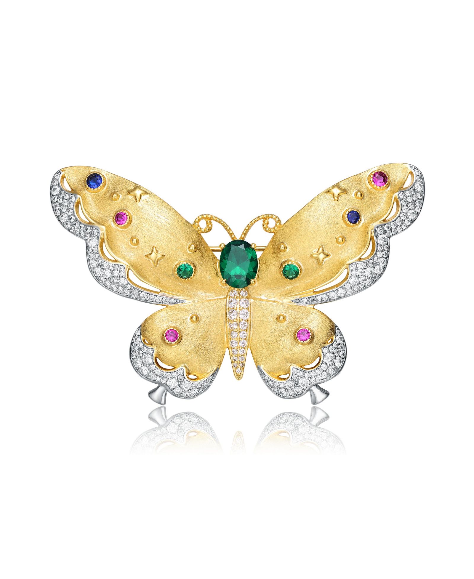 Rhodium and 14K Gold Plated Genuine Stone Floral Pin