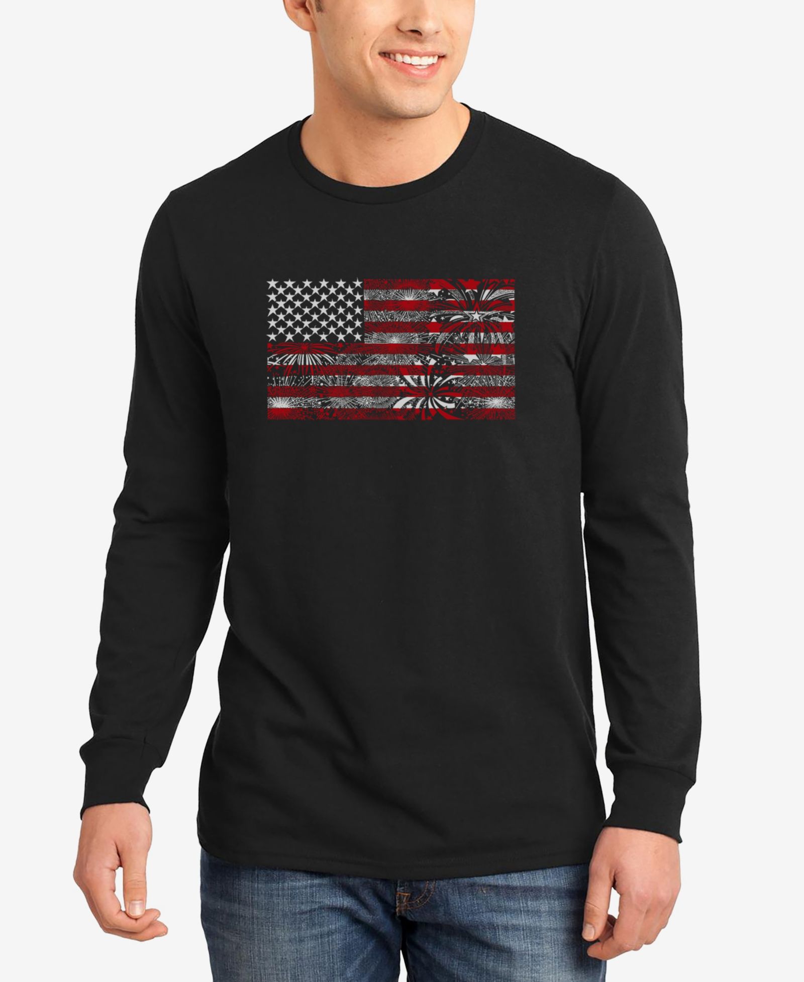 LA Pop Art Men's Word Art American Flag Fireworks Long Sleeve T-shirt