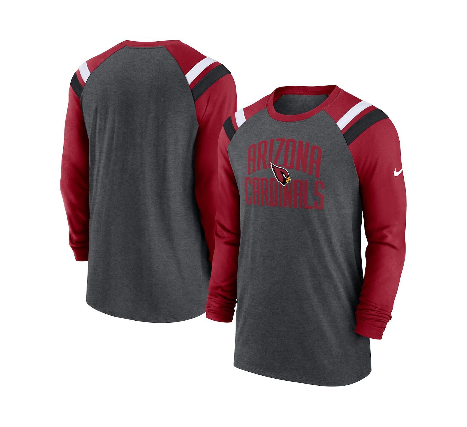 Мужская спортивная футболка Nike Raglan Tri-Blend с длинным рукавом, цвет Heathered Charcoal, Cardinal Arizona Cardinals