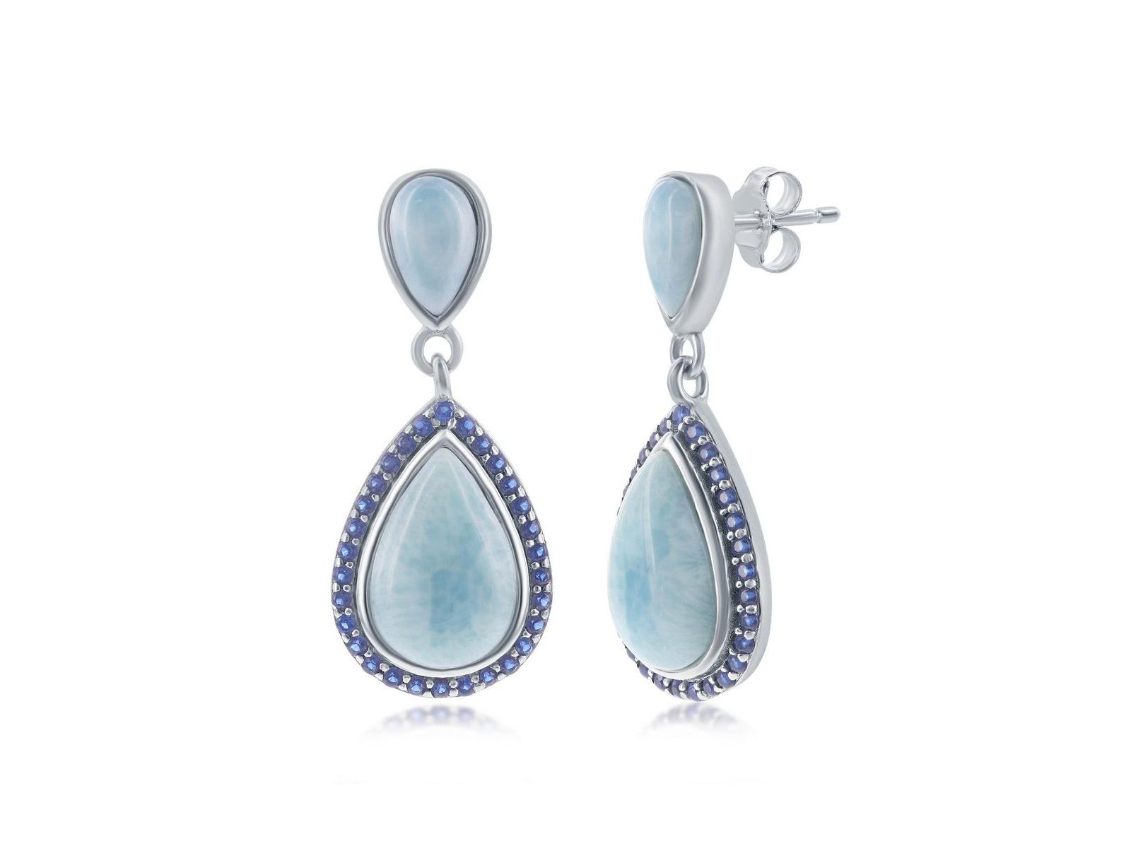 Sterling Silver Double Pear-Shaped Larimar and Sapphire CZ Earrings