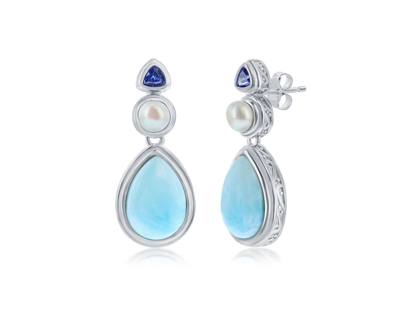 Sterling Silver Pearshaped Larimar with FWP & Tanzanite CZ Earrings